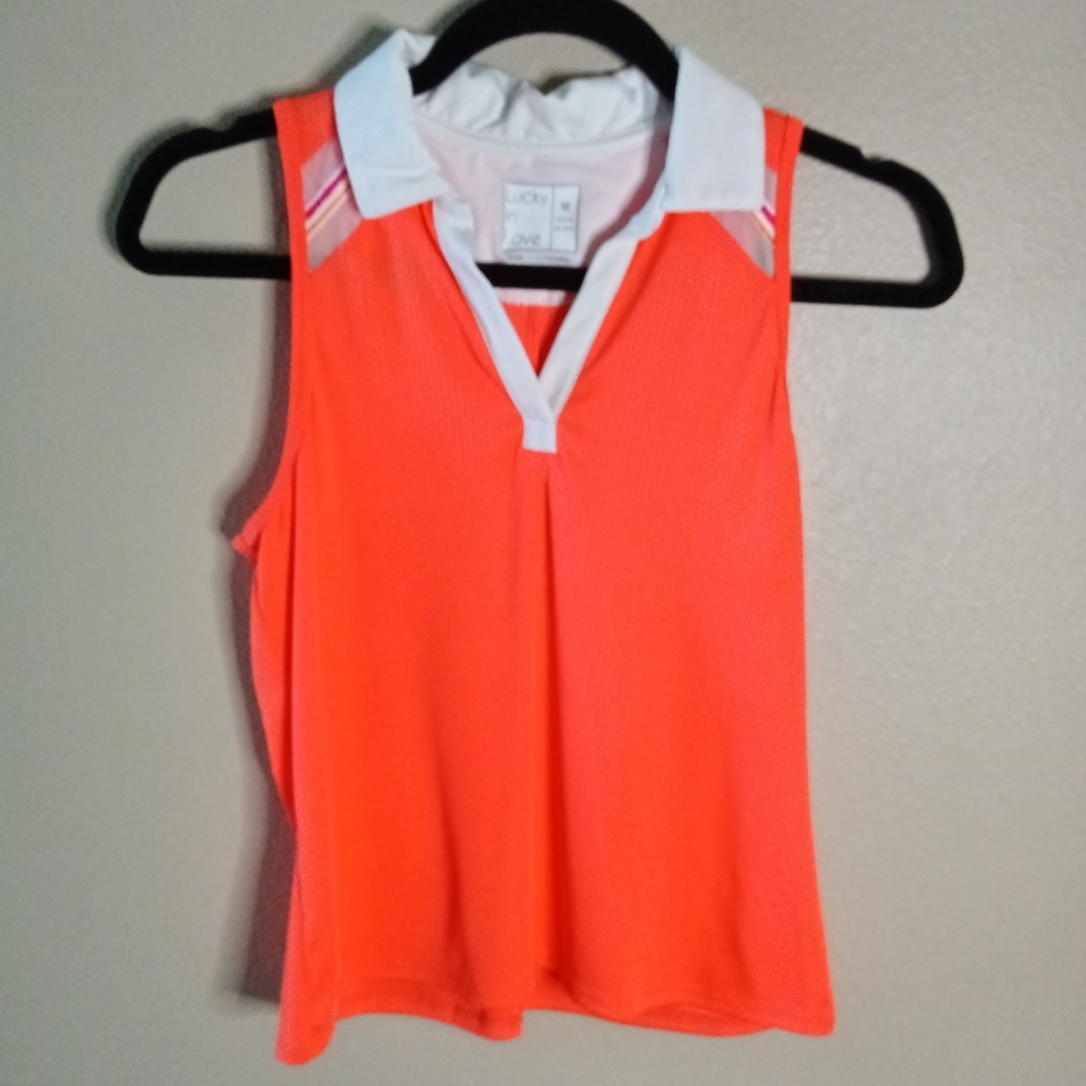 Lucky In Love Golf Tank Top Orange Coral White Mesh M